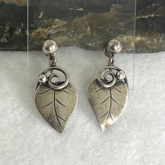 VTG Handmade Sterling Silver 925 Leaf Floral Foliage Swirl Screwback Earrings - Picture 1 of 16